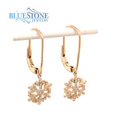 14 Karat Yellow Gold Snowflake Lever Back Earrings with Round Diamonds